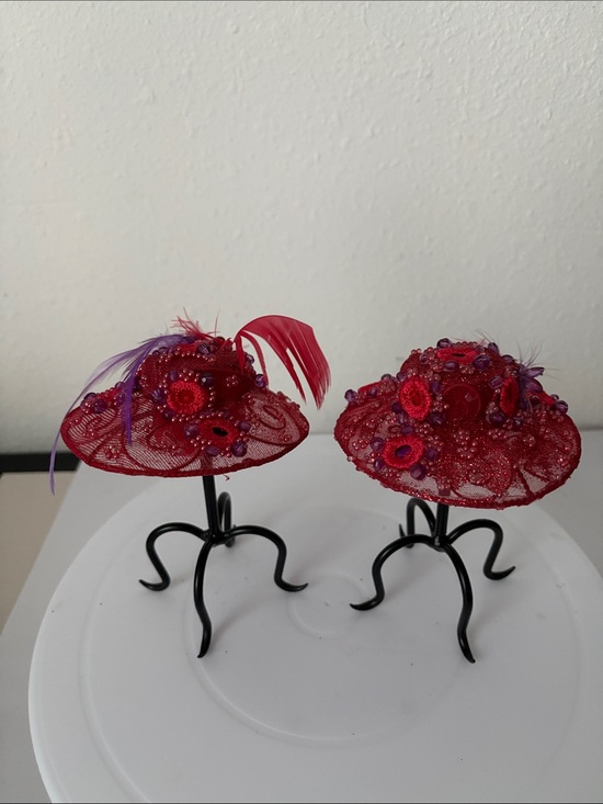 Source Unknown Other - Red Beaded Mini Hat Fascinators (Pair)